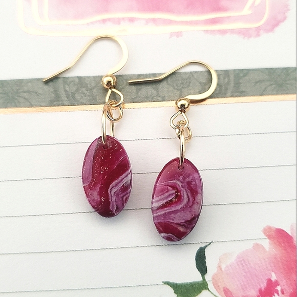 Burgundy Faux Stone | Polymer Clay Droplet Earrings